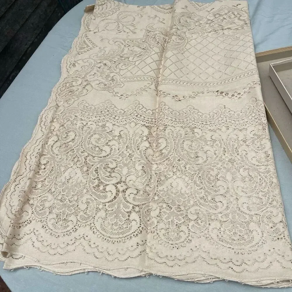 Vintage Pennicraft cream tan colored lace table cloth rectangle 84” x 64”.